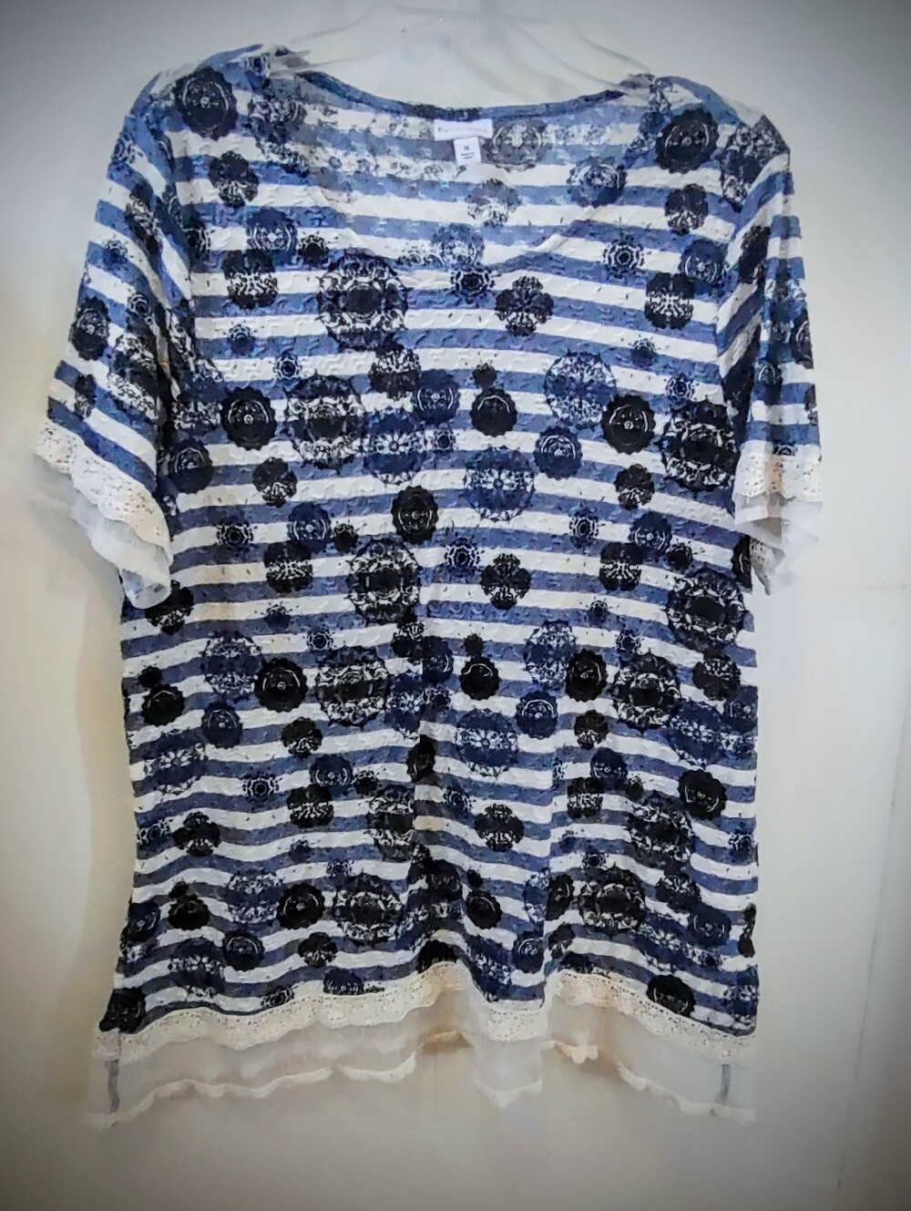 Blue & White Striped Lace Trim Embellished Tunic Top Plus Size 1X